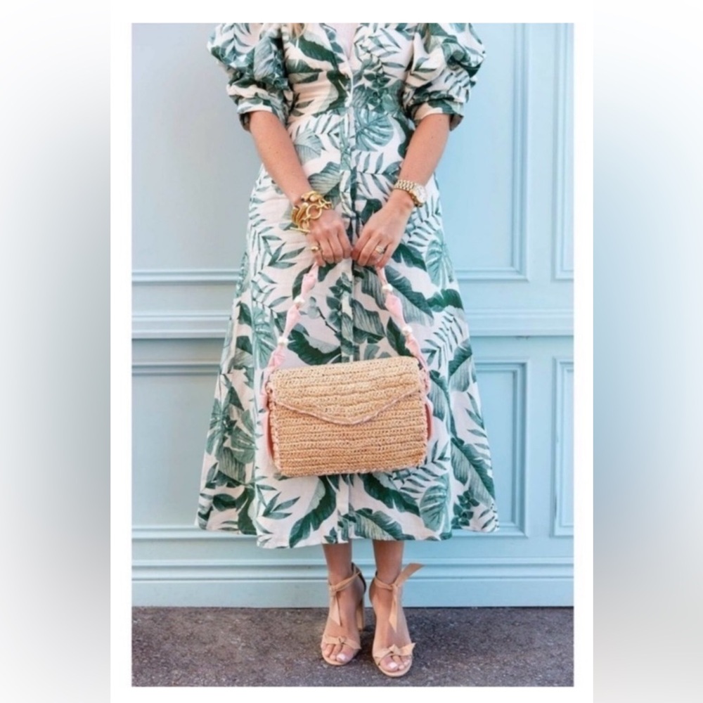 JOHANNA ORTIZ H&M Green White Palm Leaf Tropical Print Linen Midi Dress